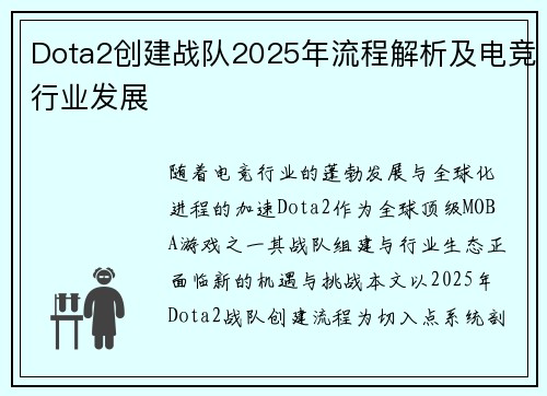 Dota2创建战队2025年流程解析及电竞行业发展