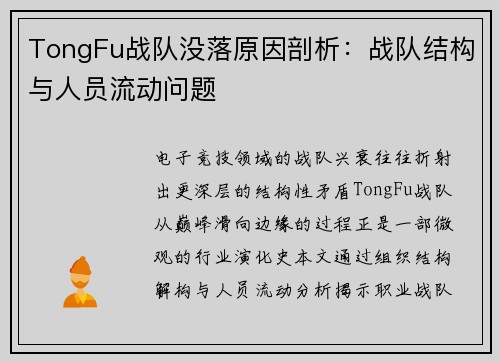 TongFu战队没落原因剖析：战队结构与人员流动问题